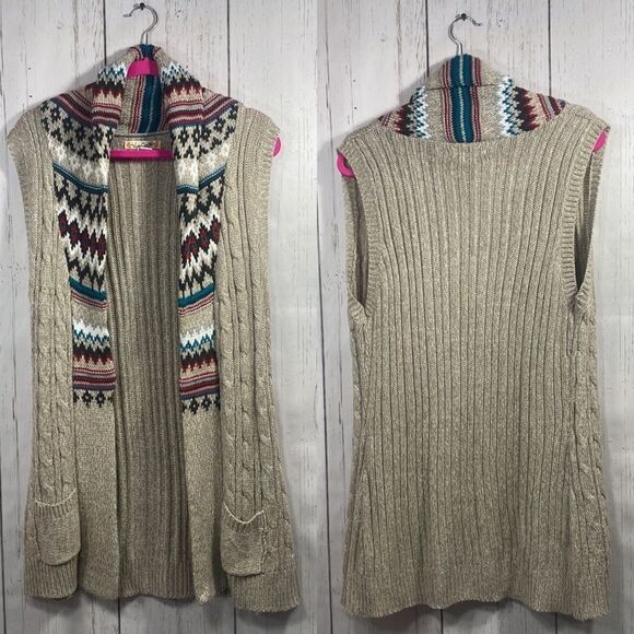 Love Change Sleeveless Long Aztec Boho Womens Knit Open Front Cardigan - Picture 1 of 13